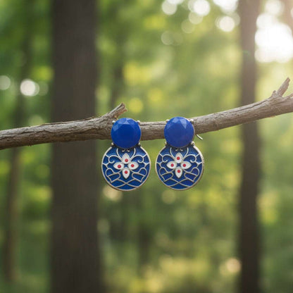 Oxidised Blue Enamel Floral Stud Earrings