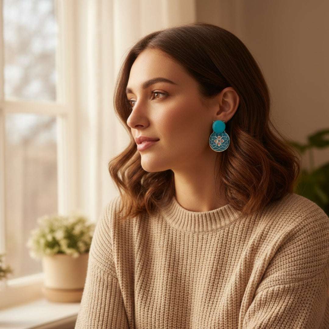 Oxidized Turquoise Blue Enamel Earrings