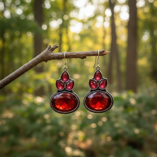 Oxidized Ruby Red Stone Dangling Earrings