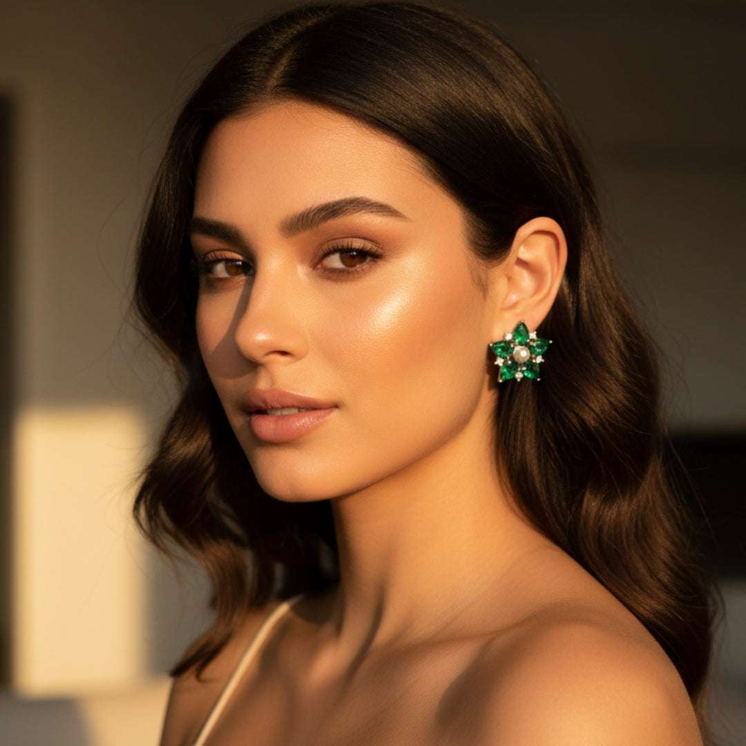 American Diamond Emerald Floral Stud Earrings