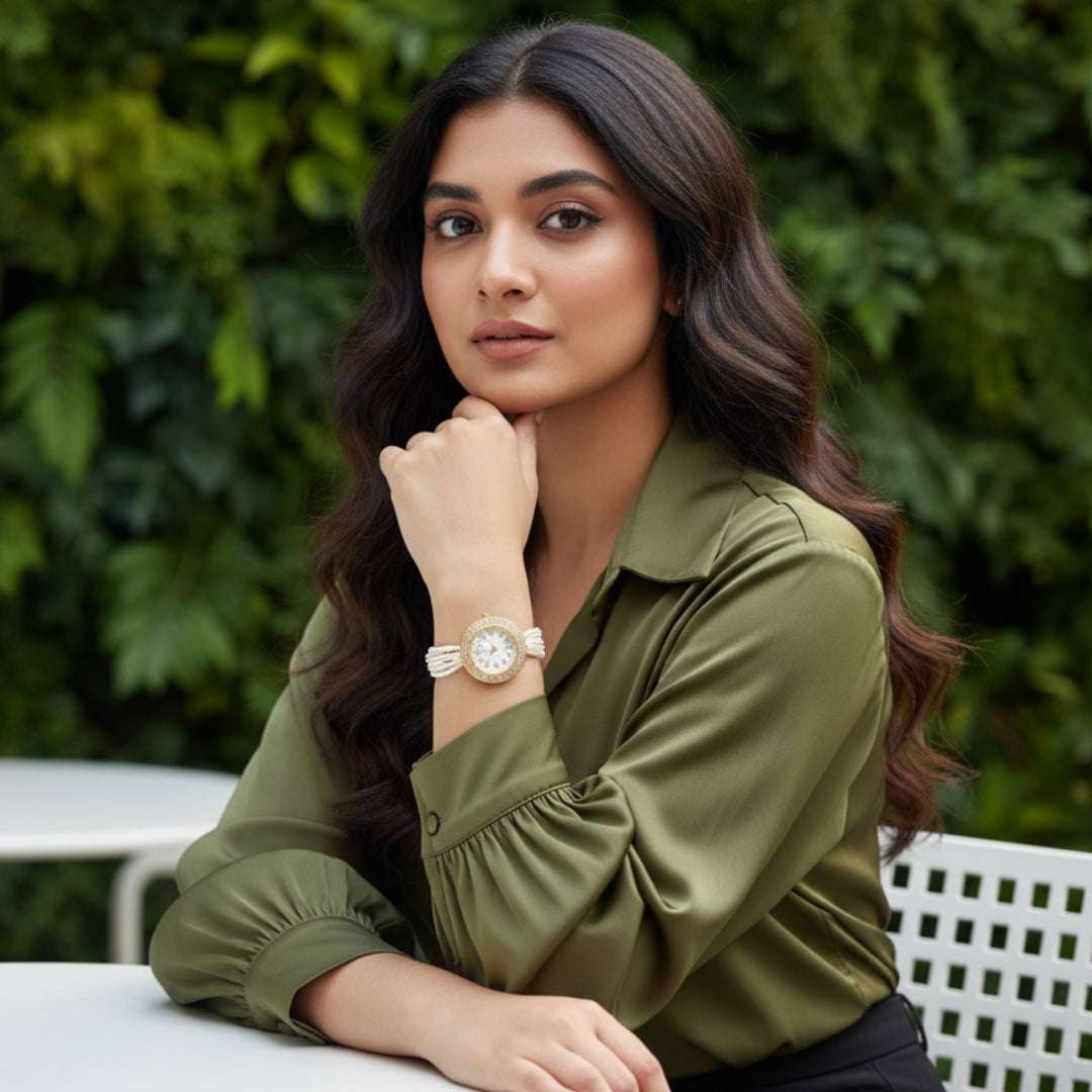 Gold Pearl Strand Watch – Elegant Multi-Layer Bridal Bracelet