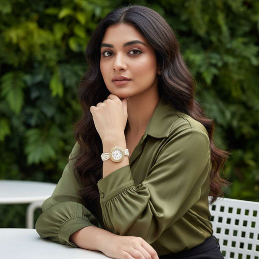 Gold Pearl Strand Watch – Elegant Multi-Layer Bridal Bracelet