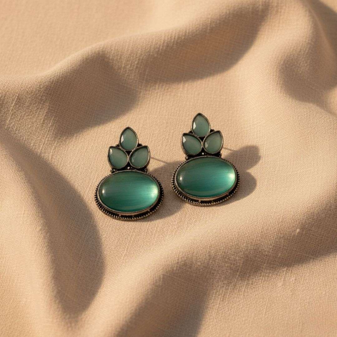Oxidized Sky Blue Stone Stud Earrings