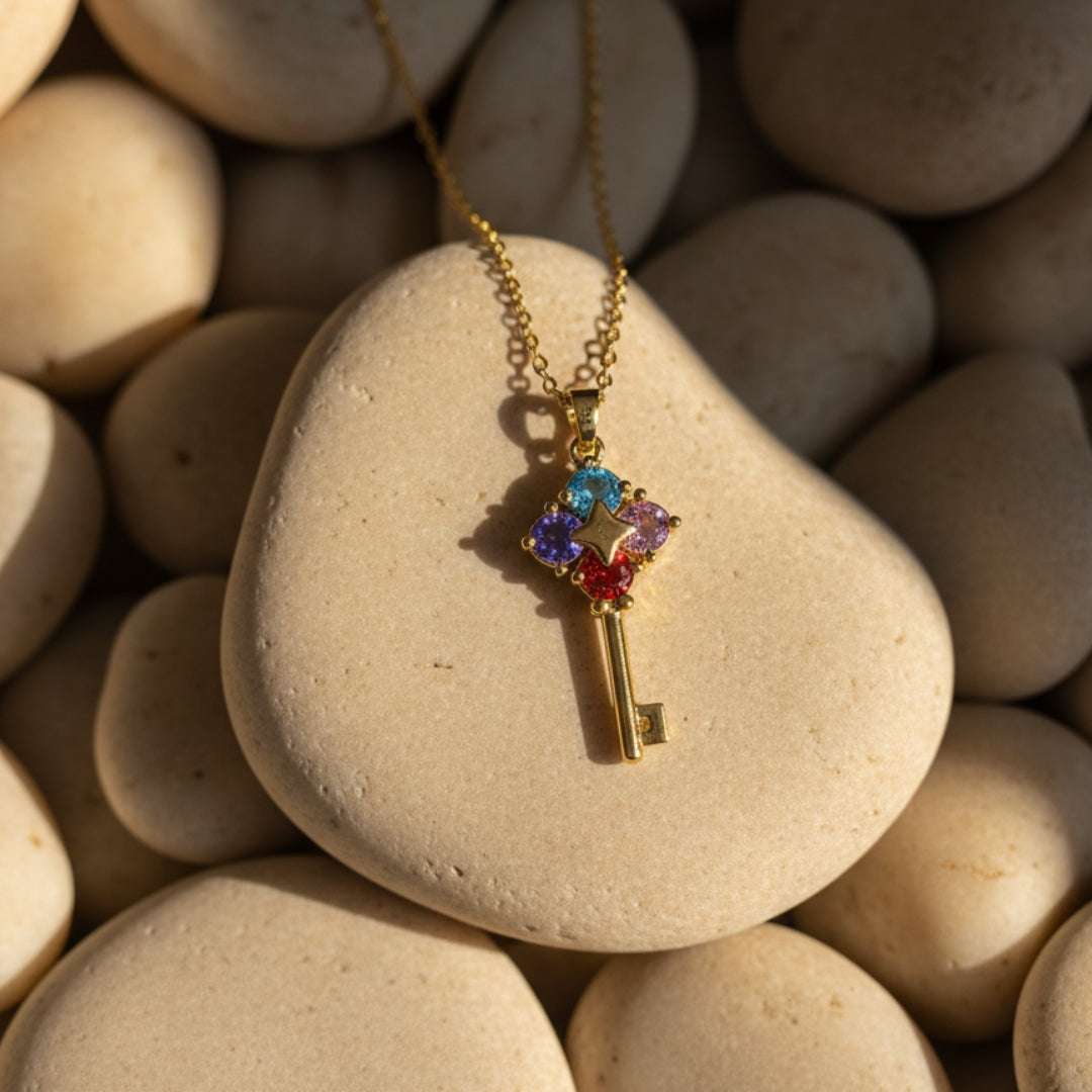 Gold Key Pendant Necklace with Colorful Stones