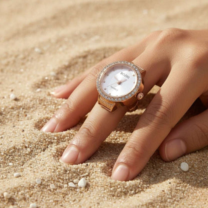 Rose Gold Crystal Finger Watch | Elegant Adjustable Ring Timepiece