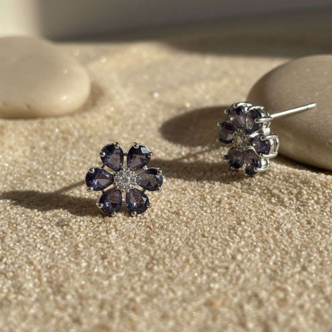 American Diamond Purple Petal Flower Stud Earrings