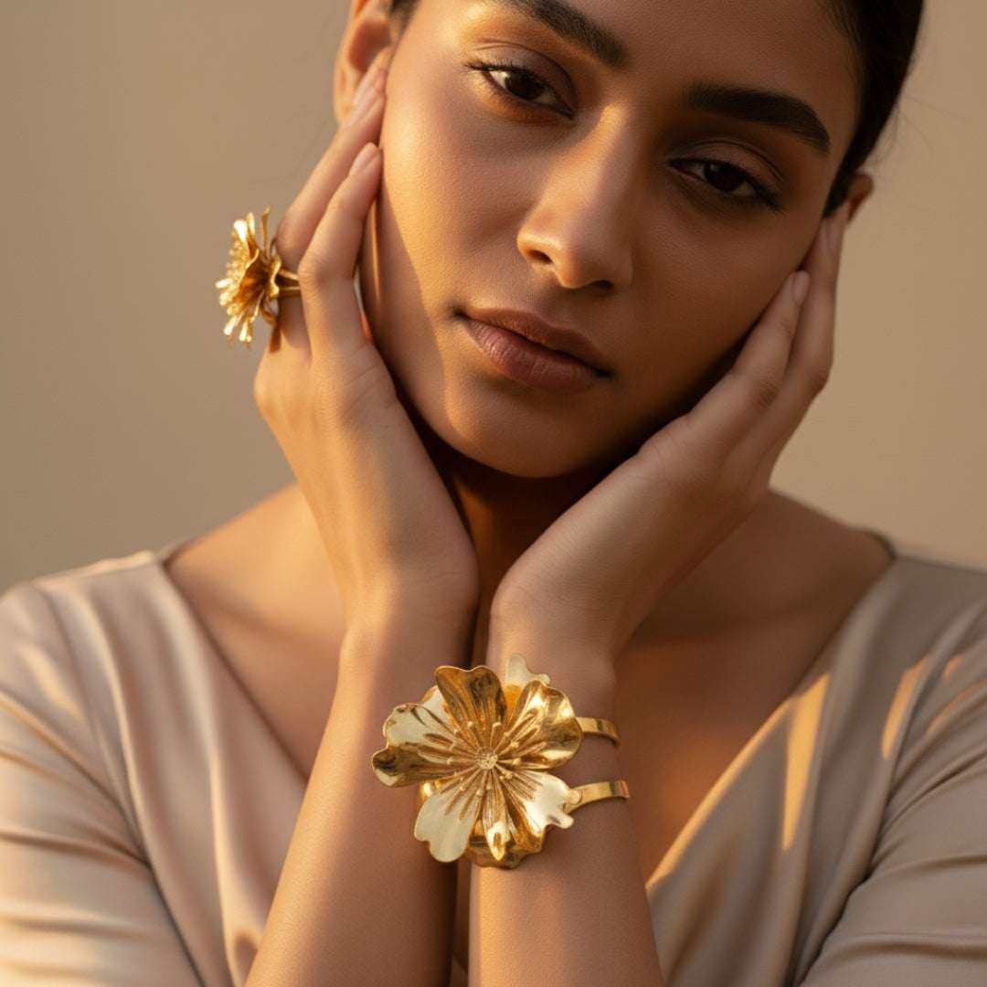 Oversized Gold Bloom Bangle & Ring Set