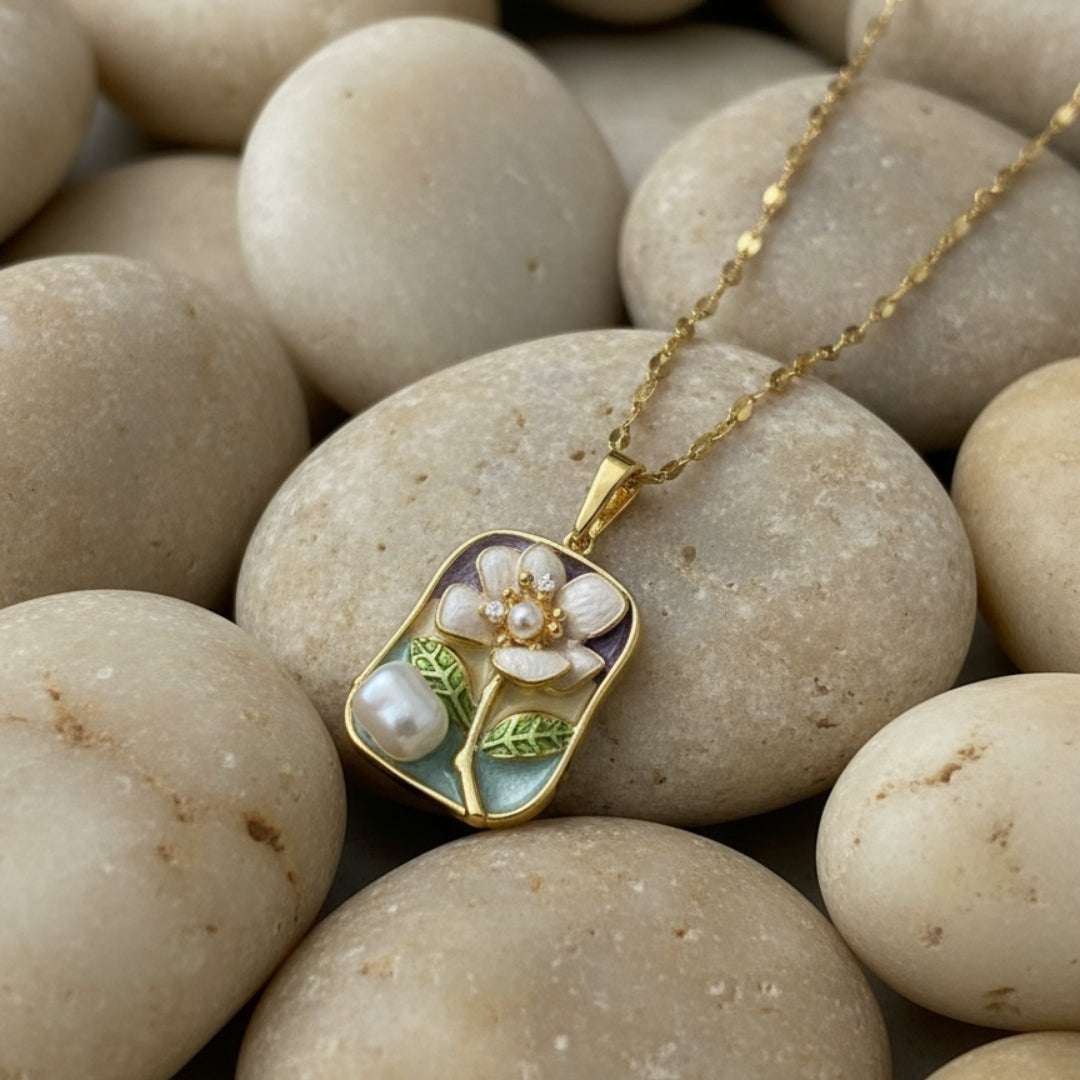 Gold Floral Enamel Pendant Necklace