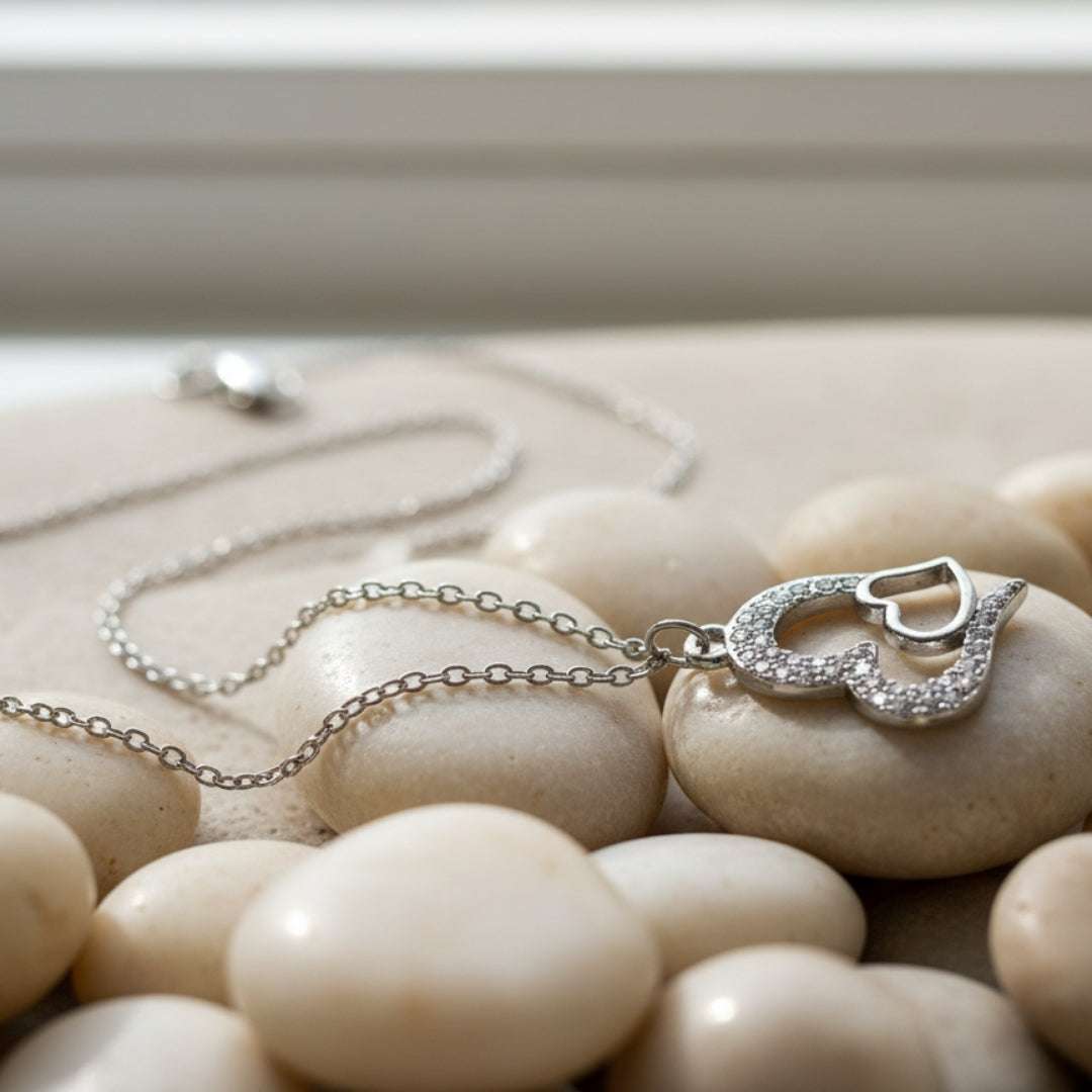Double Heart Crystal Pendant Necklace – Silver Chain