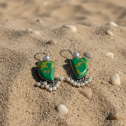 Oxidized Green Abstract Stone & Pearl Danglers
