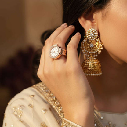 Rose Gold Crystal Finger Watch | Elegant Adjustable Ring Timepiece