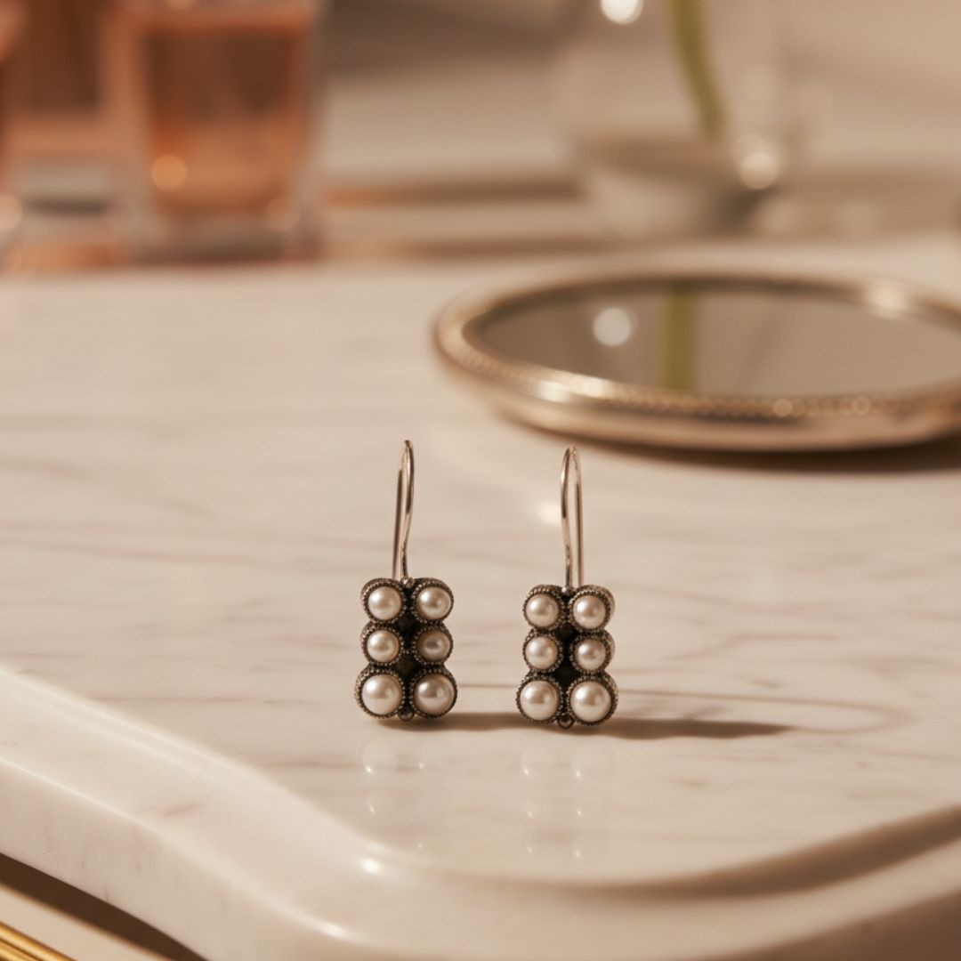 Oxidised Silver Pearl Cluster Drop Earrings