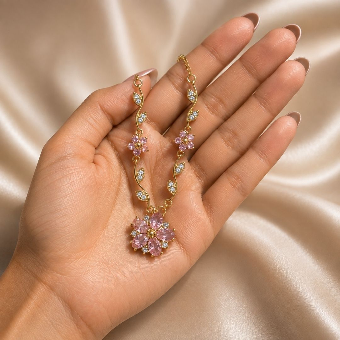 Elegant Gold Floral Pendant Necklace with Pink Crystal Stones – Delicate Statement Jewelry