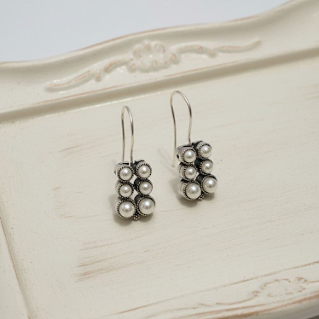 Oxidised Silver Pearl Cluster Drop Earrings