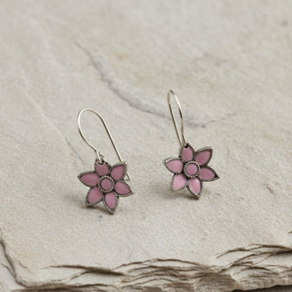 Pink Floral Silver Drop Earrings