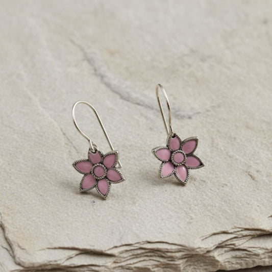 Pink Floral Silver Drop Earrings