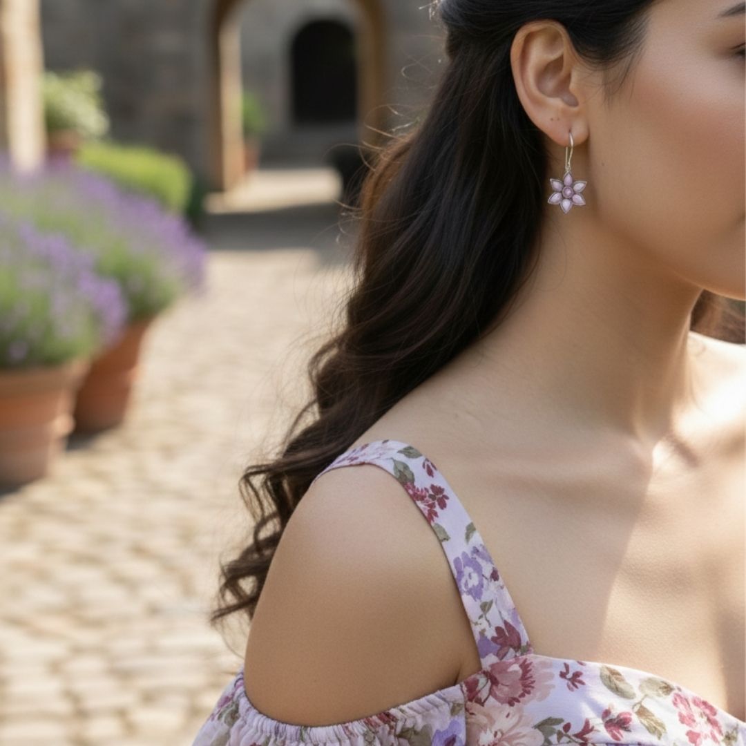 Pink Floral Silver Drop Earrings