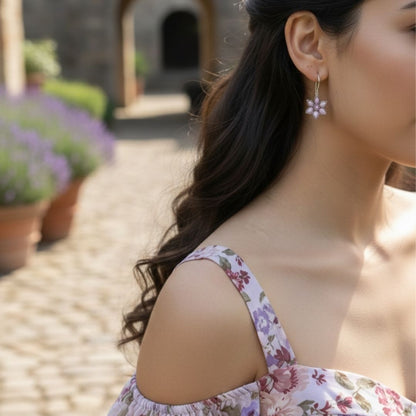 Pink Floral Silver Drop Earrings