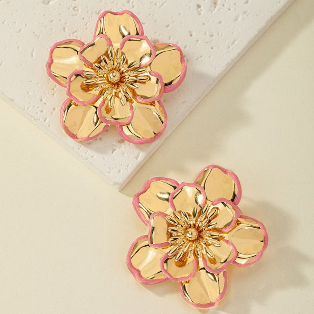 Elegant Gold & Pink Floral Jewelry Set – Bracelet, Earrings & Ring Combo