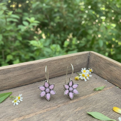 Pink Floral Silver Drop Earrings