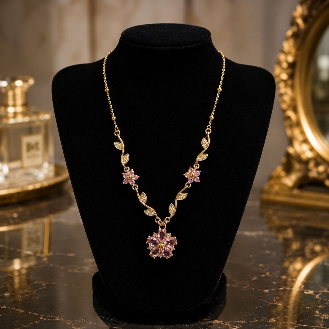 Elegant Gold Floral Pendant Necklace with Pink Crystal Stones – Delicate Statement Jewelry