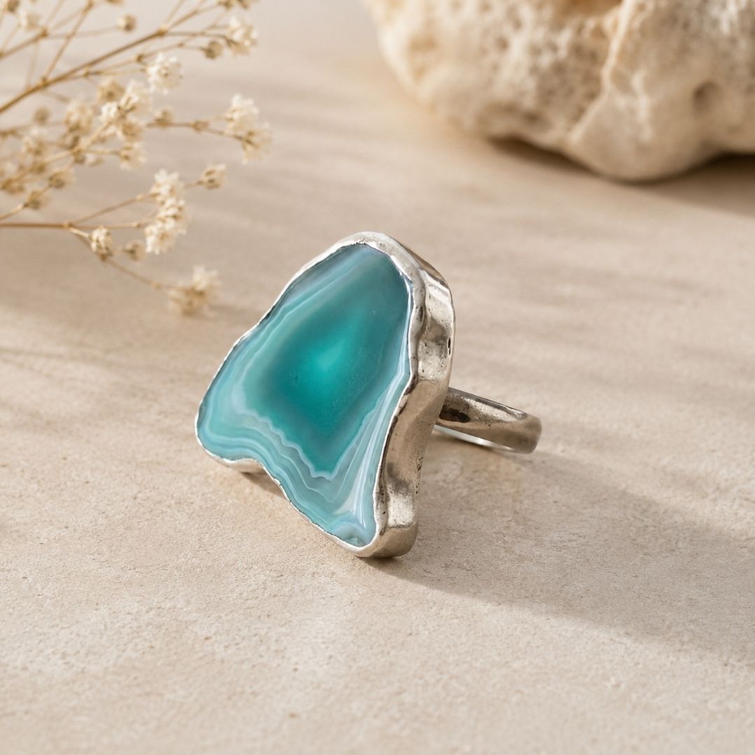 Green Agate Slice Statement Ring – Natural Stone Silver Ring