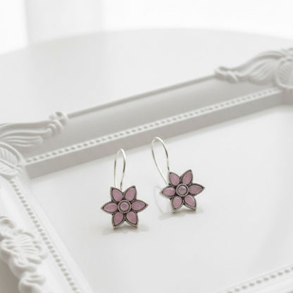 Pink Floral Silver Drop Earrings
