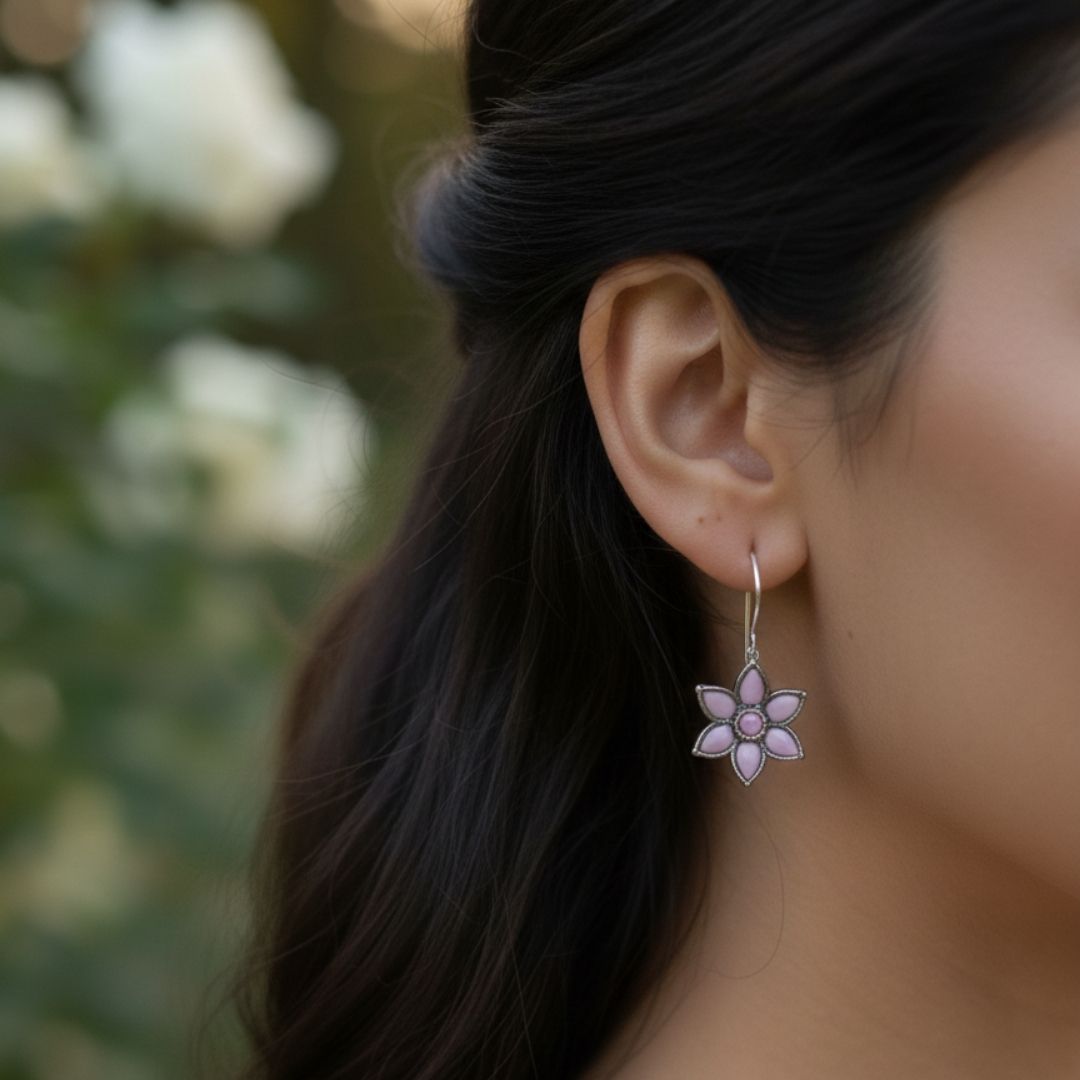 Pink Floral Silver Drop Earrings