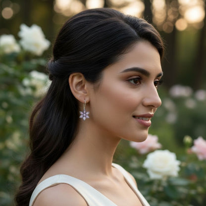 Pink Floral Silver Drop Earrings