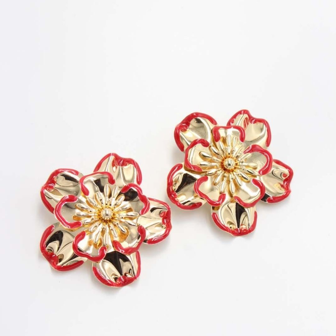 Elegant Gold & Red Floral Jewelry Set – Bracelet, Earrings & Ring Combo