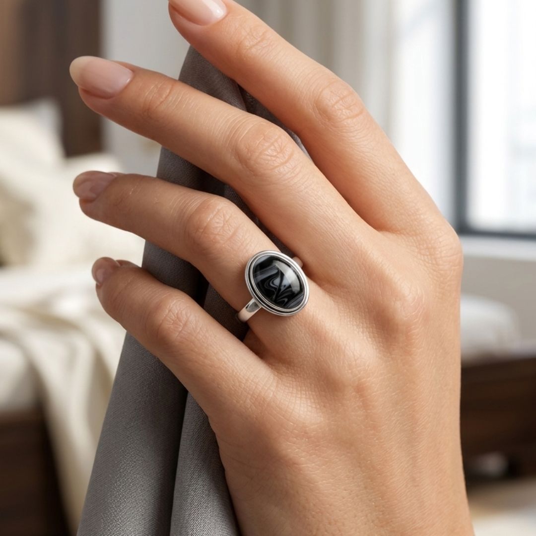 Black Banded Oval Stone Ring in Silver-Tone Setting