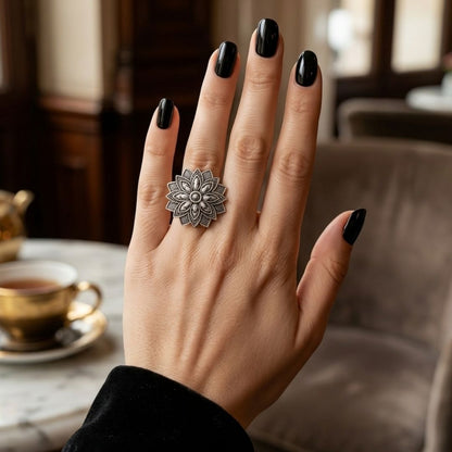 Oxidized German Silver Floral Mandala Statement Ring