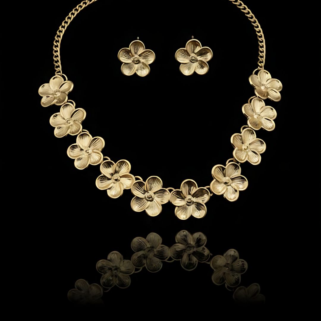 Gold Plated Floral Necklace Set with Earrings