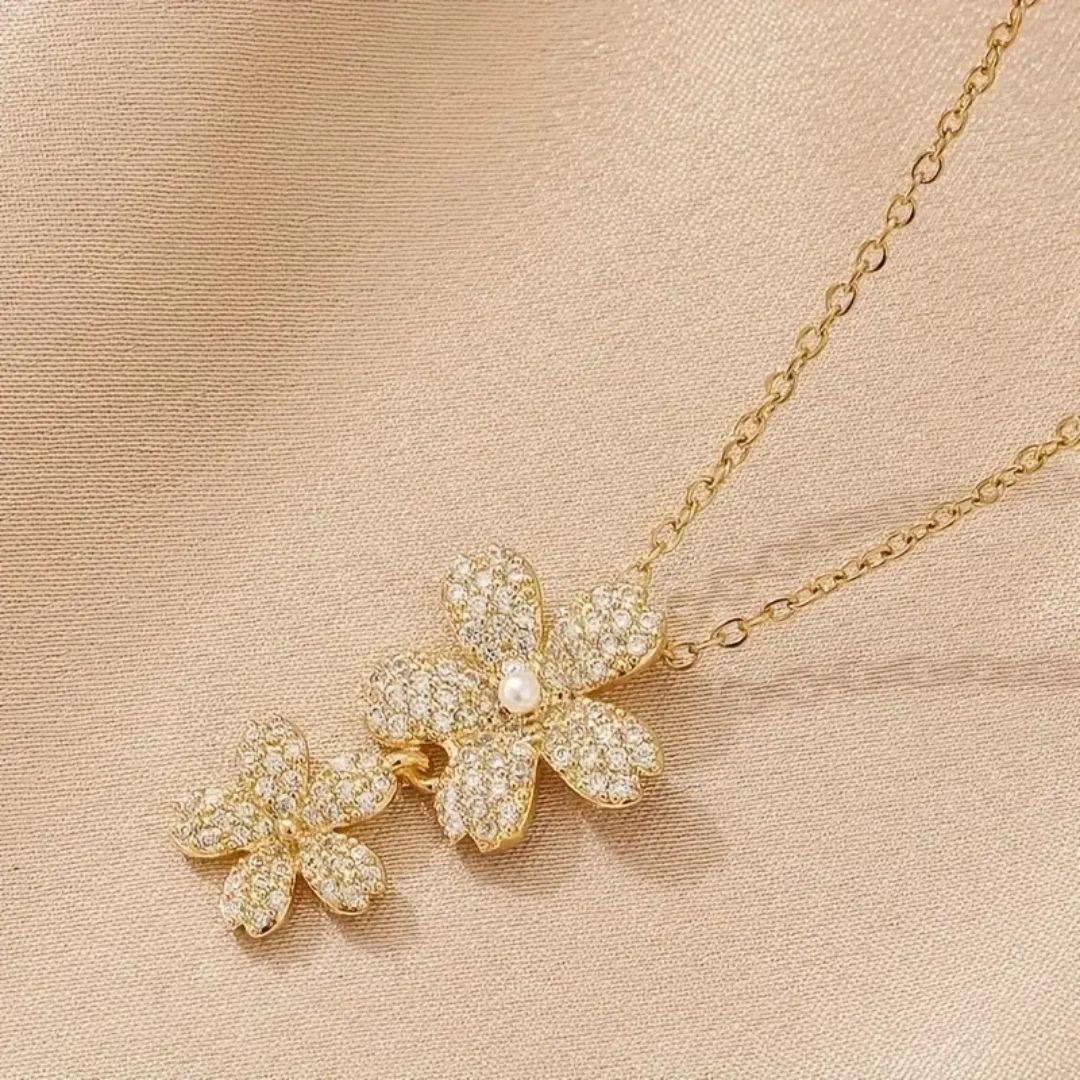 Floral Double Flower CZ Pendant Necklace | Layered Crystal Blossom Silver Chain