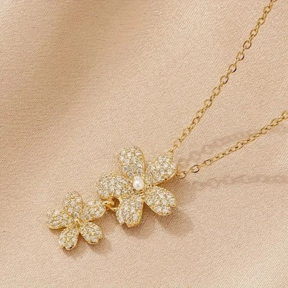 Floral Double Flower CZ Pendant Necklace | Layered Crystal Blossom Silver Chain