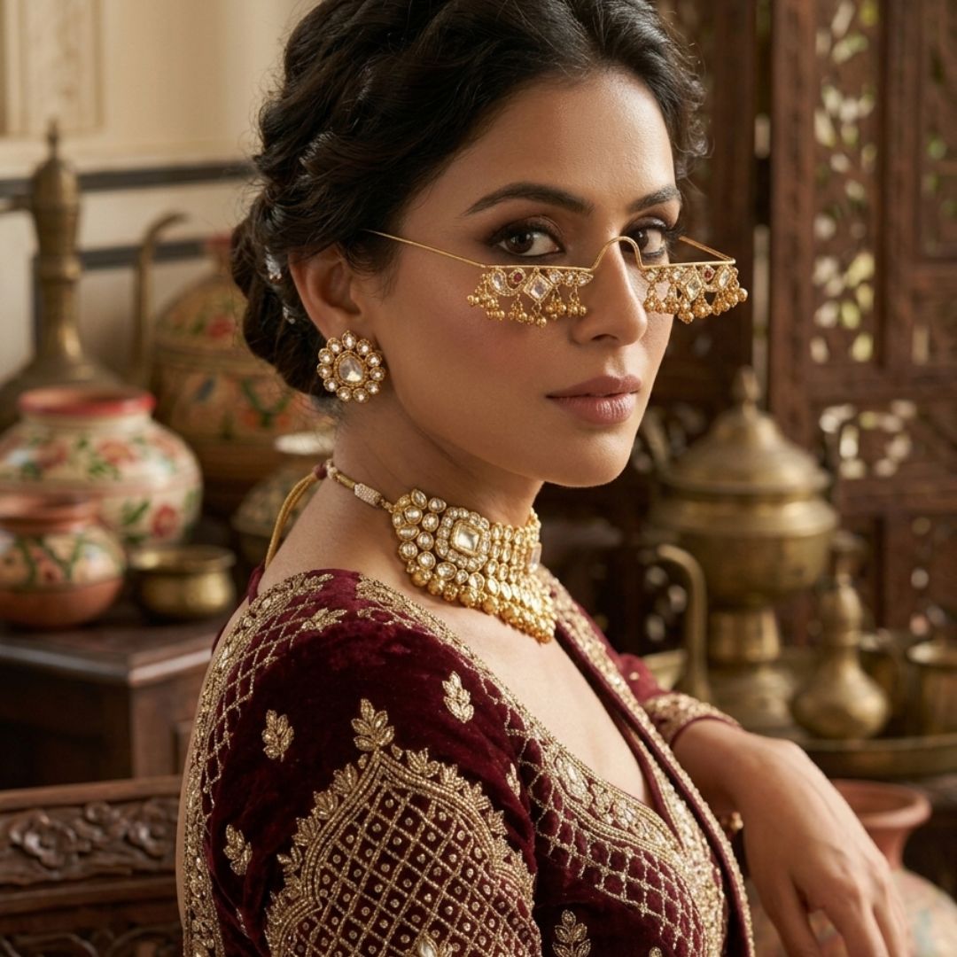 Traditional Brass Kundan Nose Accessory with Ghungroo Facelet
