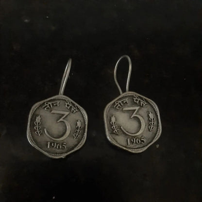German Silver 3 Paisa Coin Earrings | Vintage Oxidized Ethnic Statement Jewelry