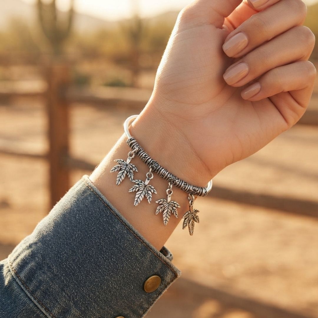 Oxidized Silver-Tone Leaf Charm Bracelet | Boho Adjustable Bangle for Women