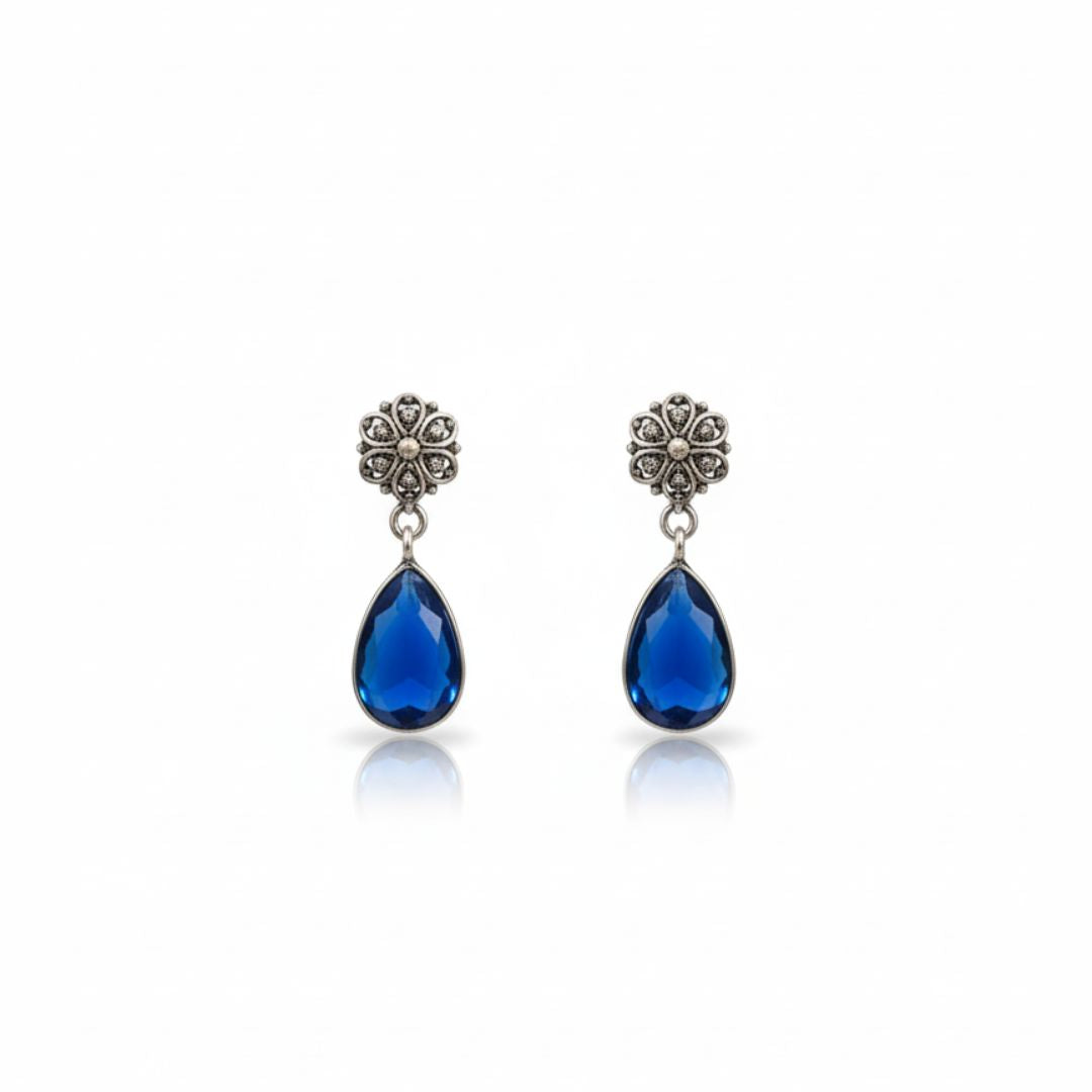 Antique Silver Floral Drop Earrings with Deep Blue Teardrop Stone