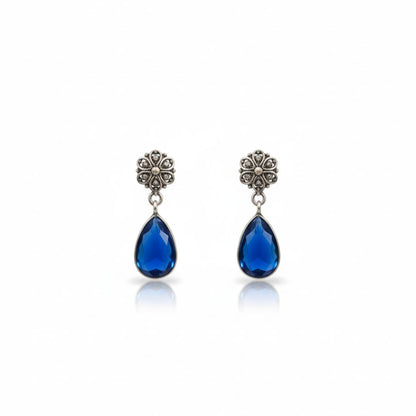 Antique Silver Floral Drop Earrings with Deep Blue Teardrop Stone