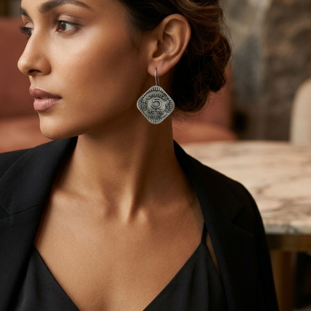 Vintage German Silver 5 Paisa Coin Earrings | Oxidized Heritage-Inspired Jewelry