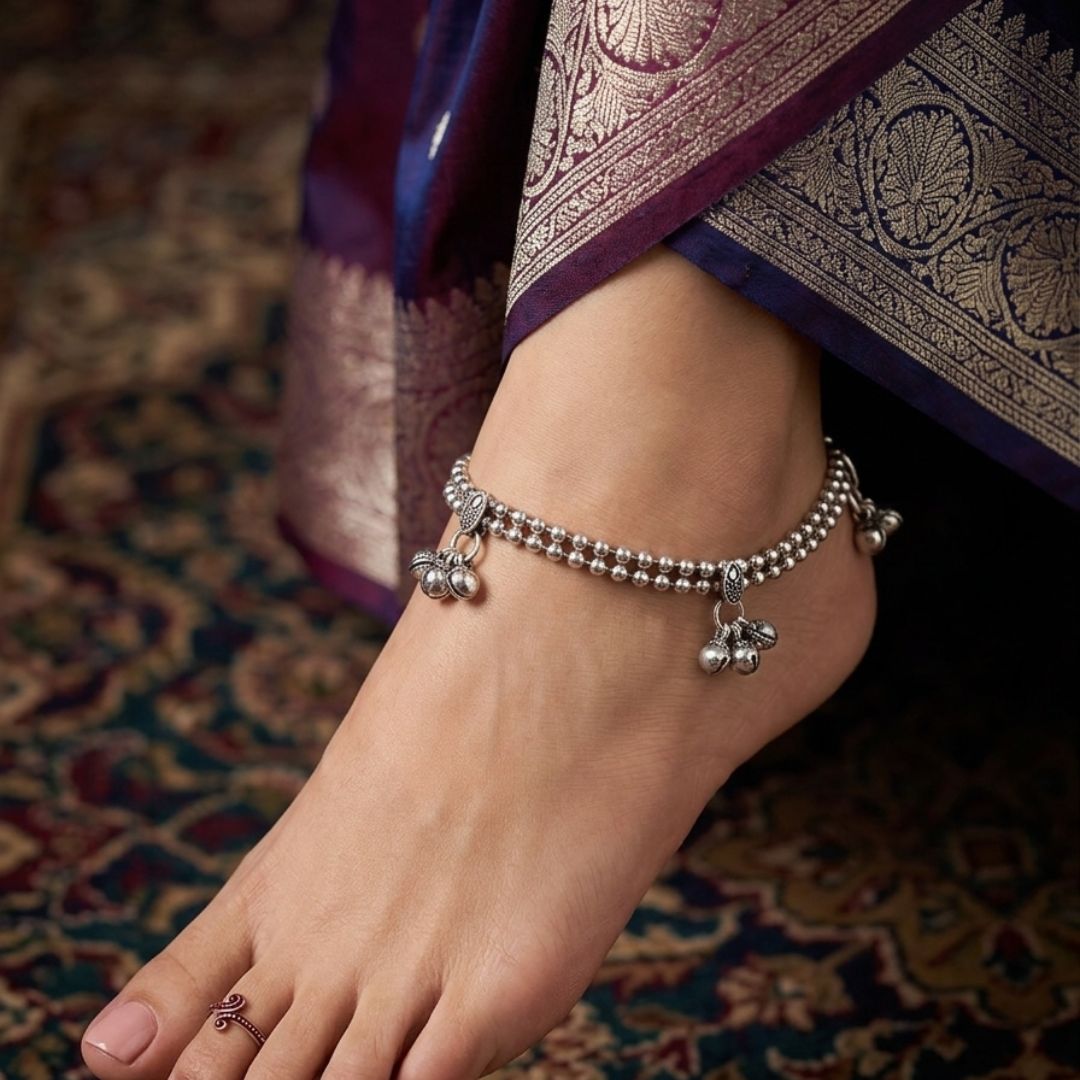 Traditional Oxidized Silver Charm Anklet for Women