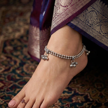 Traditional Oxidized Silver Charm Anklet for Women