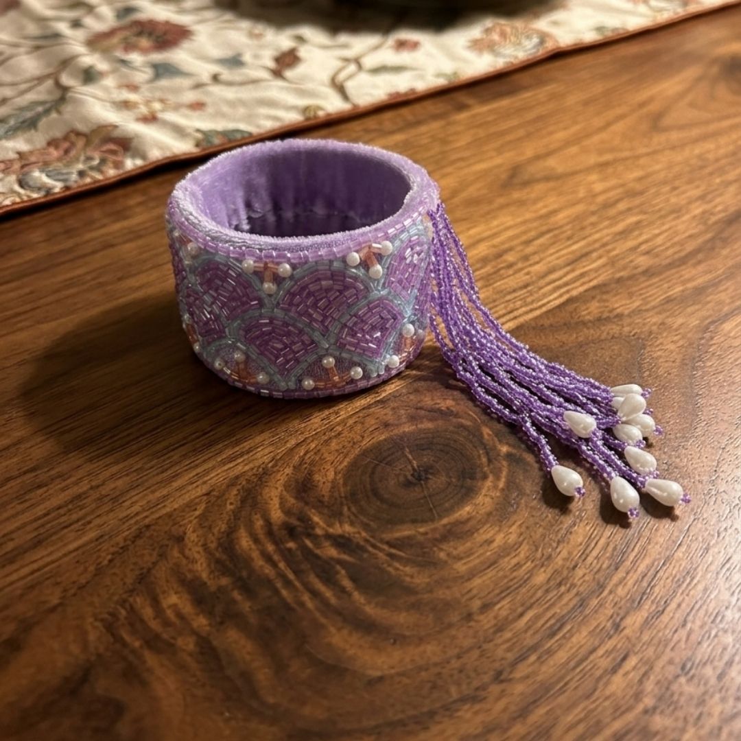 Handmade Lavender Velvet Beaded Cuff Bracelet with Pearl Accents & Fringe