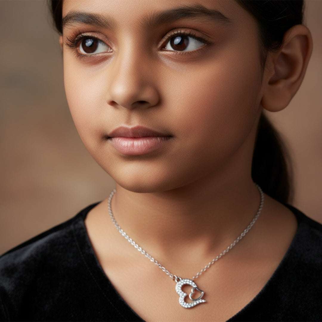 Double Heart Crystal Pendant Necklace – Silver Chain