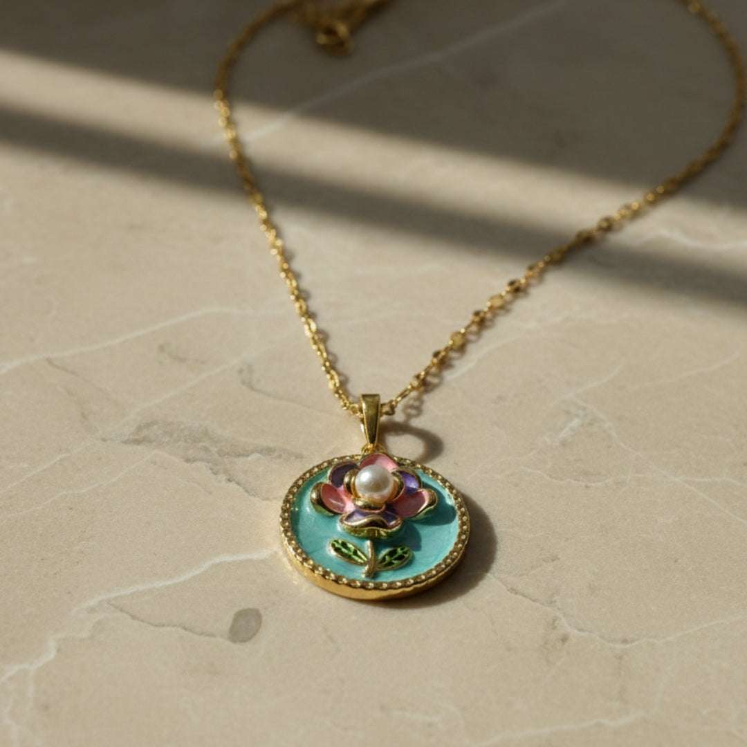 Anti-Tarnish Pastel Floral Medallion Pendant