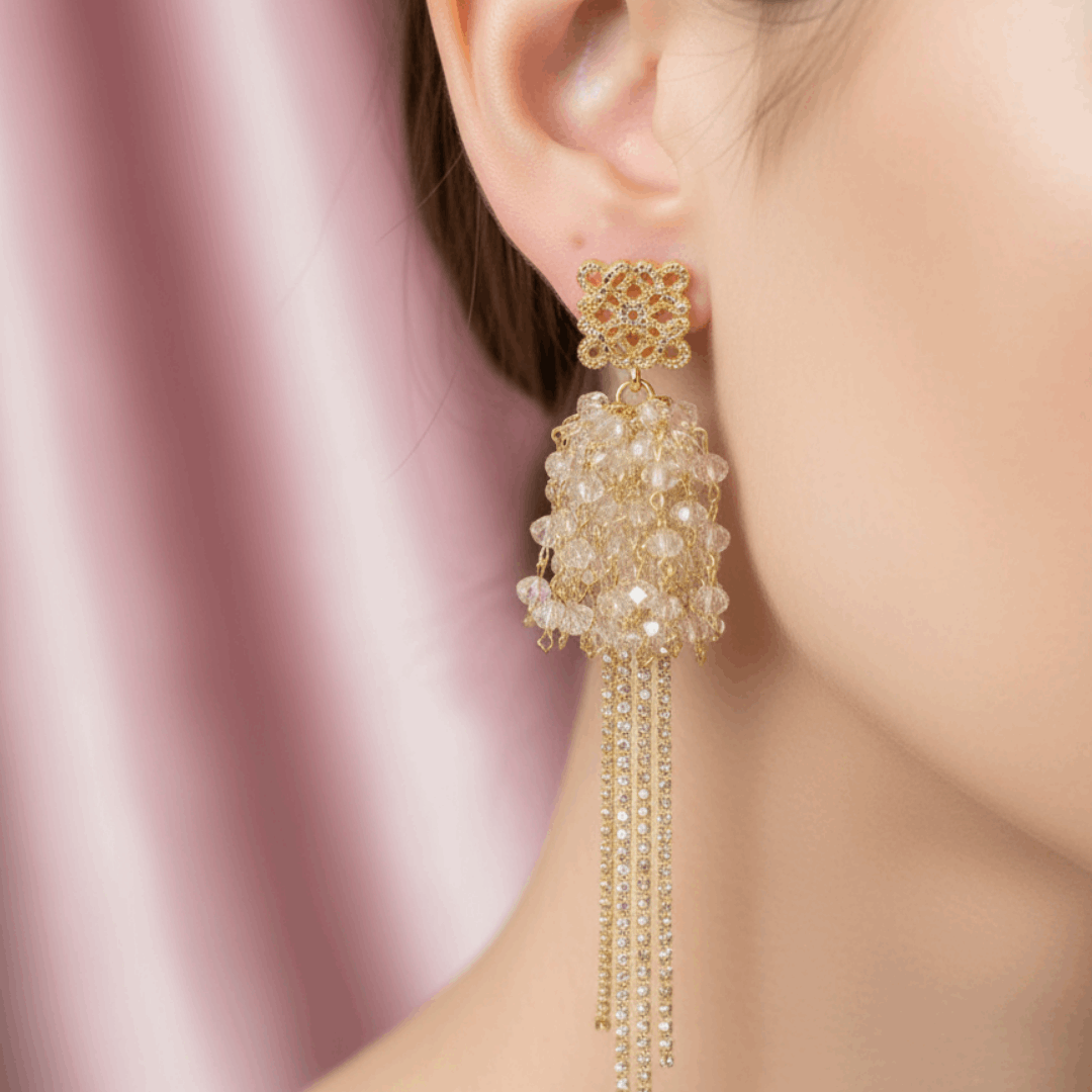 Crystal Tassel Statement Earrings Gold