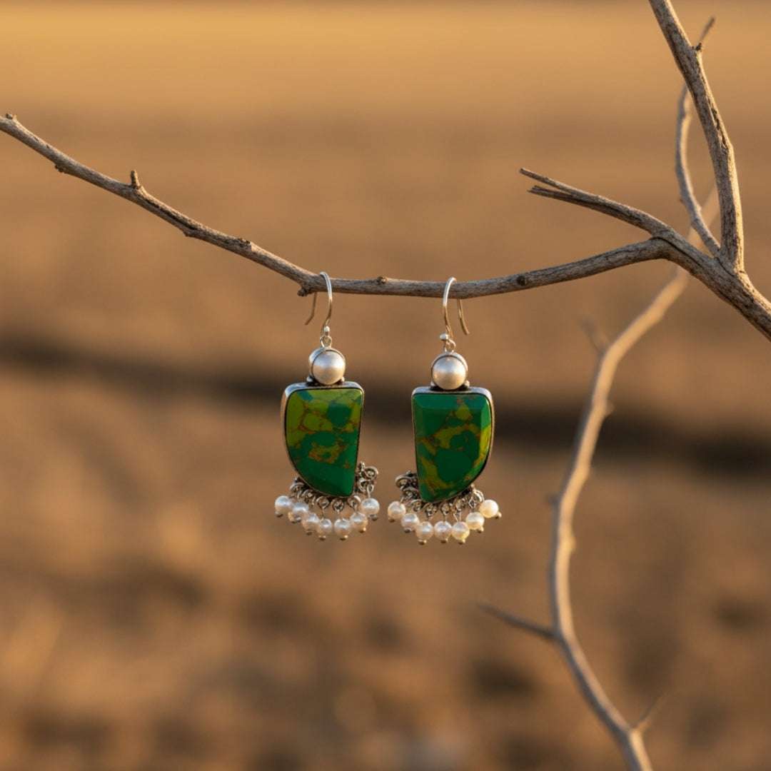 Oxidized Green Abstract Stone & Pearl Danglers