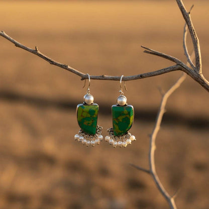 Oxidized Green Abstract Stone & Pearl Danglers