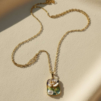 Gold Floral Enamel Pendant Necklace